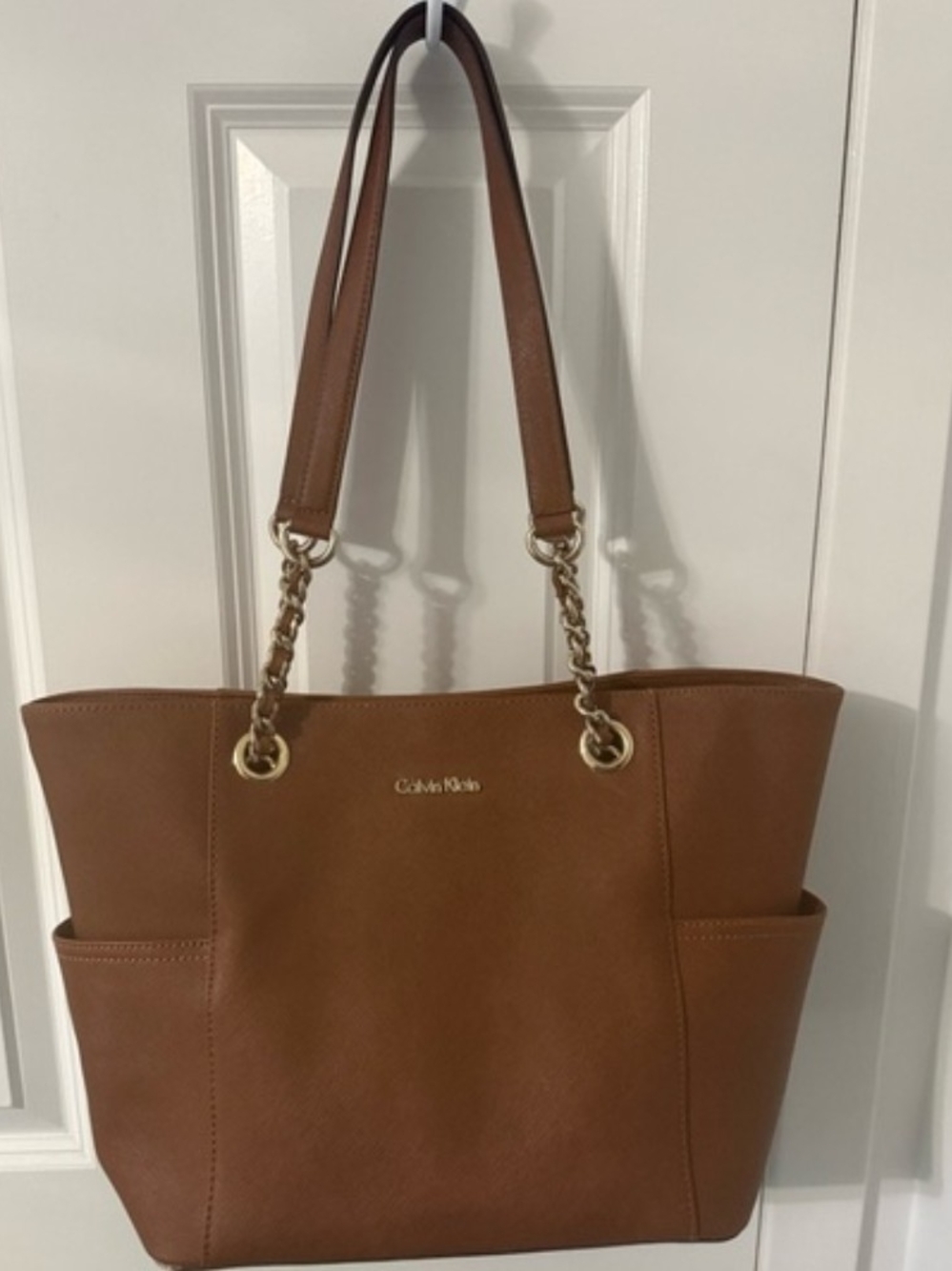 Calvin Klein Brown Leather Tote Bag with Chain Handles